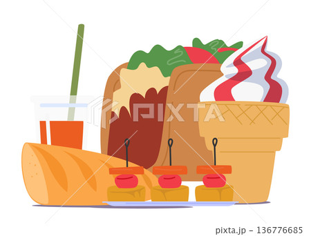 Taco, Ice Cream, Bread, Soda Drink And Canape Fast Food Served In Chain Restaurants. Meals With High In Calories Taco, Ice Cream, Bread, Soda Drink And Canape Fast Food Served In Chain Restaurants. Meals With High In Calories 136776685