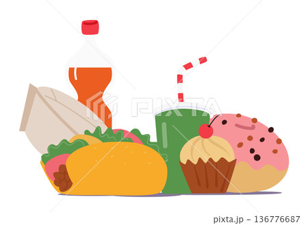 Donut, Fries, Taco, Soda Fast Food And Drink Are Quick And Convenient Options For On-the-go Meals. Fastfood Meals Donut, Fries, Taco, Soda Fast Food And Drink Are Quick And Convenient Options For On-the-go Meals. Fastfood Meals 136776687