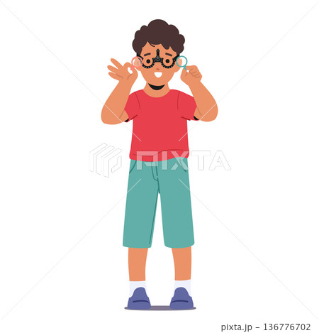 Cheerful Young Boy Beams With A Smile As She Undergoes An Eye Test With A Phoropter, Cartoon People Vector Illustration 136776702