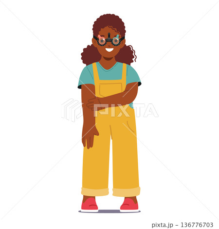 Young Black Girl Character Grins As She Looks Through The Phoropter During An Eye Test Examination, Vector Illustration 136776703
