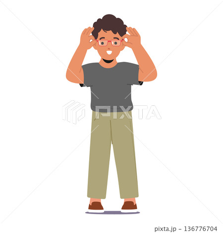Young Boy Eagerly Dons His New Glasses, Eyes Wide With Wonder. As The World Comes Into Sharp Focus, Vector Illustration 136776704
