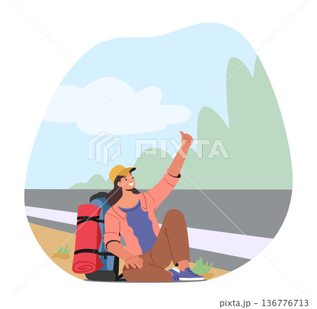 Female Character Hitchhiker Sitting With Backpack By The Roadside With An Extended Thumb, Looking For A Lift 136776713