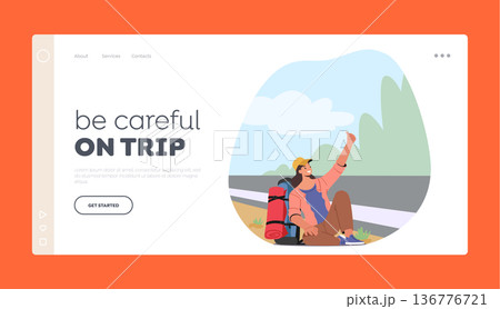 f Freedom, Outdoor, Travel Landing Page Template. Female Character Hitchhiker Sitting with Backpack By The Roadside 136776721