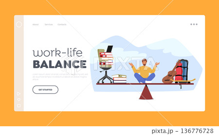 Work-life Balance Landing Page Template. Man Character Meditate On Scales Between Hobby And Career, Vector Illustration 136776728