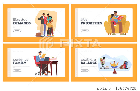 Struggle Between Career And Family Priorities Landing Page Template Set. Balance Scale With Working Man Character Struggle Between Career And Family Priorities Landing Page Template Set. Balance Scale With Working Man Character 136776729