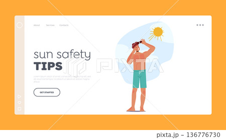 Sun Safety Tips Landing Page Template. Man Experiences Painful Sunburn On The Beach, Resulting In Redness, Itching Sun Safety Tips Landing Page Template. Man Experiences Painful Sunburn On The Beach, Resulting In Redness, Itching 136776730