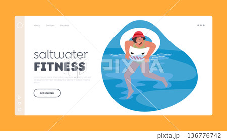 Saltwater Fitness Landing Page Template. Female Character in Sea. Girl Swims In A Colorful Inflatable Ring, Illustration 136776742