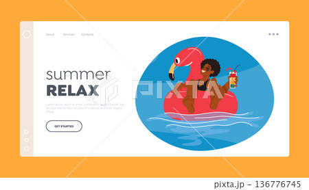 Oceanic Energy Landing Page Template. Relaxed Man Enjoying A Refreshing Cocktail While Floating On An Inflatable Ring 136776745