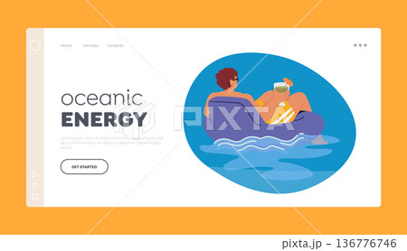 Oceanic Energy Landing Page Template. Relaxed Man Enjoying A Refreshing Cocktail While Floating On An Inflatable Ring Oceanic Energy Landing Page Template. Relaxed Man Enjoying A Refreshing Cocktail While Floating On An Inflatable Ring 136776746