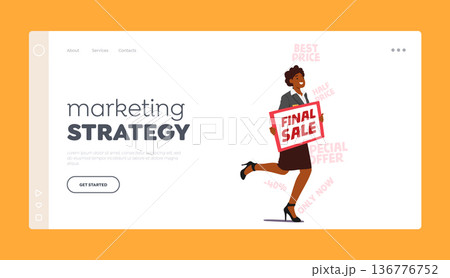 Marketing Strategy Landing Page Template. Forceful Promoter Female Character Run with Banner Promoting Final Sale 136776752