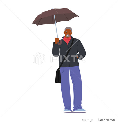 Elderly Black Gentleman Character Dressed In Cozy Autumn Attire, Holding An Umbrella To Shield From Rain 136776756