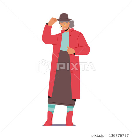 Elegant Senior Woman Dons Warm Autumn Attire. Old Lady Featuring Cozy Sweater, Coat, Hat, Stockings And Stylish Boots Elegant Senior Woman Dons Warm Autumn Attire. Old Lady Featuring Cozy Sweater, Coat, Hat, Stockings And Stylish Boots 136776757