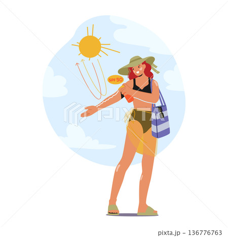 Woman Character Applies Sunscreen On the Beach, Using Hand To Rub Lotion Onto Skin, Protecting From Harmful Uv Rays Woman Character Applies Sunscreen On the Beach, Using Hand To Rub Lotion Onto Skin, Protecting From Harmful Uv Rays 136776763