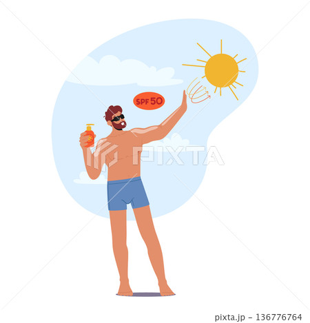 Man Applies Sunscreen To Protect Skin From Harmful Uv Rays While Enjoying Beach Day. Male Ensuring Skin Safety Man Applies Sunscreen To Protect Skin From Harmful Uv Rays While Enjoying Beach Day. Male Ensuring Skin Safety 136776764