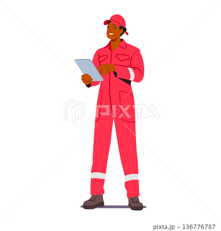 Fire Safety Worker Male Character Wear red Uniform with Tablet in Hands Ensures Public Safety By Monitoring Fire Hazards 136776787