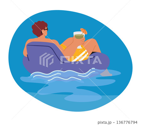 Relaxed Man Enjoying A Refreshing Cocktail While Floating On An Inflatable Ring In A Pool Or Beach Setting 136776794