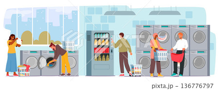Self-service Public Launderettes Offer Convenience. Customers Wash And Dry Their Clothes Independently, Saving Time 136776797