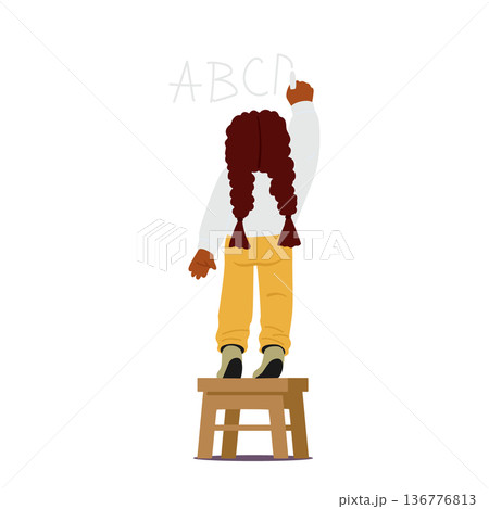 Cute Preschool Elementary School Girl Standing At The Blackboard And Writing Abc Letters Isolated On White Background 136776813