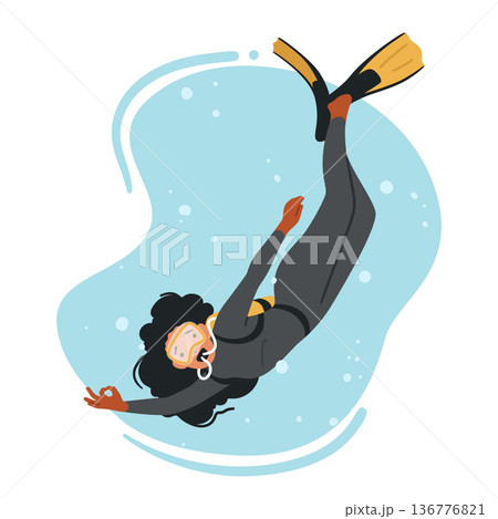 Experienced Diver Female Character Explore Underwater Wonders, Discovering Marine Life And Hidden Treasures 136776821