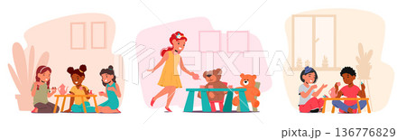 Charming Tea Party For Little Girls. Giggles, Dainty Teacups, And Delightful Dresses. A Magical World Of Make-believe 136776829