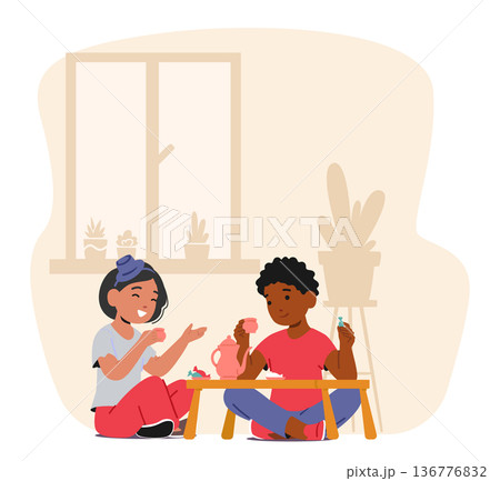 Girl And Boy Gather For A Charming Tea Party, Sipping Tea, Sharing Giggles, And Making Cherished Childhood Memories 136776832