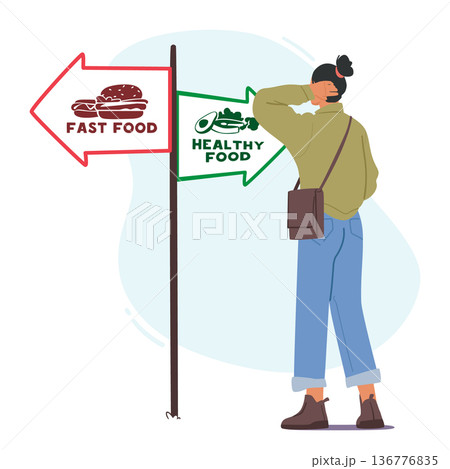 Confused Woman Character Stands At The Crossroads, Contemplating The Choice Between Healthy And Unhealthy Foods Confused Woman Character Stands At The Crossroads, Contemplating The Choice Between Healthy And Unhealthy Foods 136776835