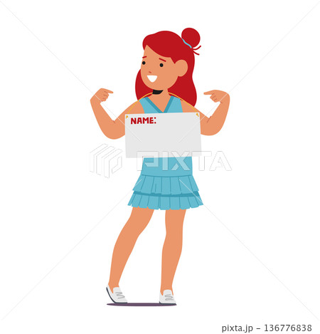 Young Girl Character Proudly Holds A Nameplate Showing on herself, Her Eyes Gleaming With Innocence And Curiosity 136776838