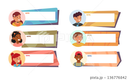 Colorful, Personalized Name Plates For Kids. Vibrant Designs, Fun Fonts, And Space For Names Cartoon Vector Illustration 136776842