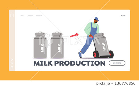 Milk Production Landing Page Template. Loader Male Character Push Trolley With Milk Canister. Man Worker Deliver Dairy 136776850