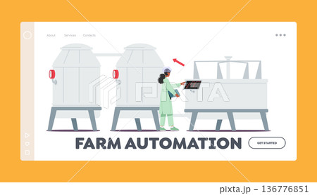 Farm Automation Landing Page Template. Manufacture, Industry And Dairy Food Production. Woman Technologist On Factory Farm Automation Landing Page Template. Manufacture, Industry And Dairy Food Production. Woman Technologist On Factory 136776851