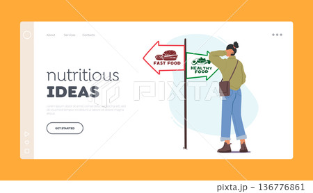 Nutritious Ideas Landing Page Template. Confused Woman Character Stands At The Crossroads, Contemplating The Choice 136776861