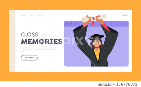 Class Memories Landing Page Template. Female Character Celebrate Online Graduation Ceremony. Girl Bachelor On Laptop 136776872