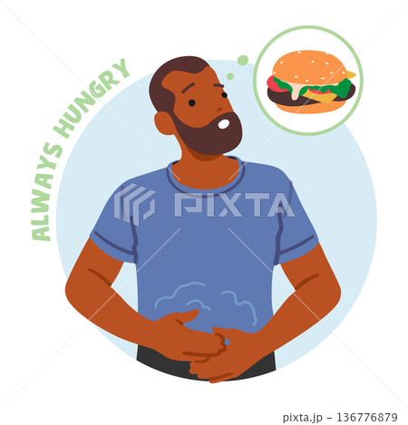 Unrelenting Hunger Common Symptom Of Diabetes. Male Character Constantly Feel The Need To Eat, Vector Illustration 136776879