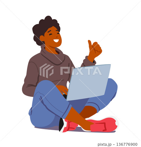 Cheerful Young Woman Character Sit With Laptop Showing Thumb Up, Indicating Approval Or Success Vector Illustration 136776900