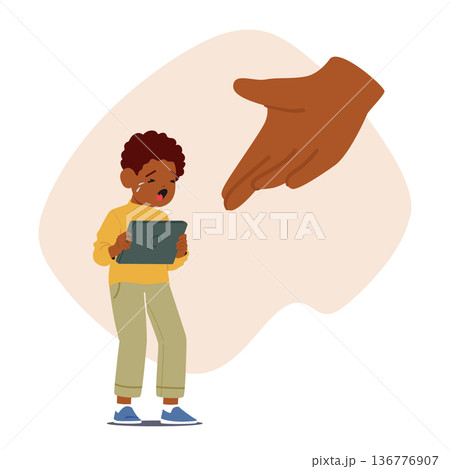 Defiant Crying Child Boy Character Consumed By Gadget Addiction, Resists Parental Request To Surrender Defiant Crying Child Boy Character Consumed By Gadget Addiction, Resists Parental Request To Surrender 136776907