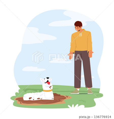 Dog Displaying Undesirable Behavior By Lying In A Dirty Puddle, Possibly Indicating A Behavioral Problem, Illustration 136776914