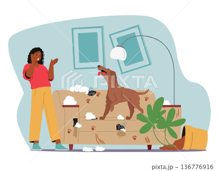 Anxious Female Owner and Dog Damaged Sofa, Visual Representation Of Behavior Problems In Pets, Vector Illustration Anxious Female Owner and Dog Damaged Sofa, Visual Representation Of Behavior Problems In Pets, Vector Illustration 136776916