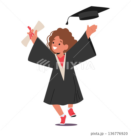 Happy Kid Character Dressed In A Graduation Gown And Cap, Receives Degree With A Beaming Smile Isolated On White 136776920