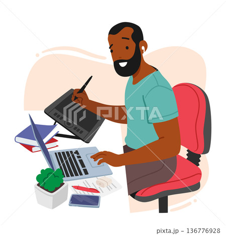 Graphic Designer Male Character Sitting At Desk With Laptop And Tablet Holding Stylus An Hand Drawing Sketches Graphic Designer Male Character Sitting At Desk With Laptop And Tablet Holding Stylus An Hand Drawing Sketches 136776928