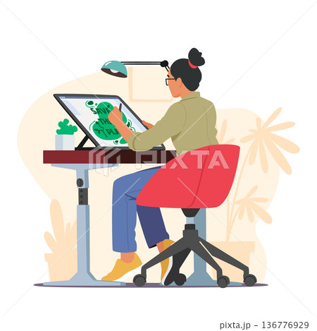 Creative Woman Graphic Designer Sitting At Desk Making Sketch On Tablet At Workplace. Young Female Create Design 136776929