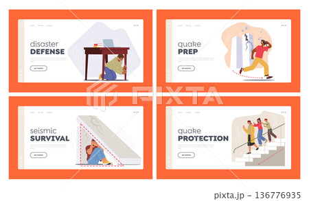 Earthquake Safety Rules Landing Page Template Set. Characters Cover, Stay Away From Windows. Plan Evacuation Earthquake Safety Rules Landing Page Template Set. Characters Cover, Stay Away From Windows. Plan Evacuation 136776935