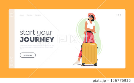 Journey Landing Page Template. Woman Character Stands Beside Luggage, Ready For Travel Or Commute. Concept Of Adventure Journey Landing Page Template. Woman Character Stands Beside Luggage, Ready For Travel Or Commute. Concept Of Adventure 136776936