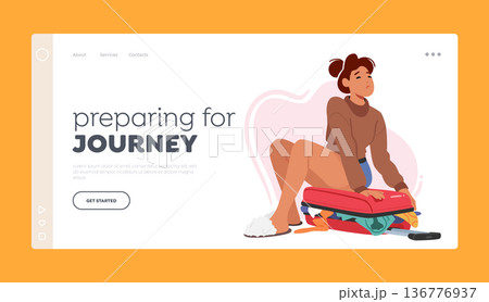 Preparing for Journey Landing Page Template. Woman Character Packing Clothes Into Luggage, Pushing Them Down Preparing for Journey Landing Page Template. Woman Character Packing Clothes Into Luggage, Pushing Them Down 136776937