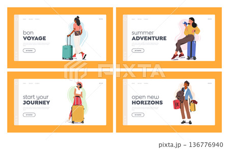 Women Travel Landing Page Template Set. Female Characters with Suitcases And Bags Heading Towards The Airport 136776940