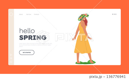 Hello Spring Landing Page Template. Young Woman With Floral Crown On Head Wearing Long Yellow Dress Illustration Hello Spring Landing Page Template. Young Woman With Floral Crown On Head Wearing Long Yellow Dress Illustration 136776941