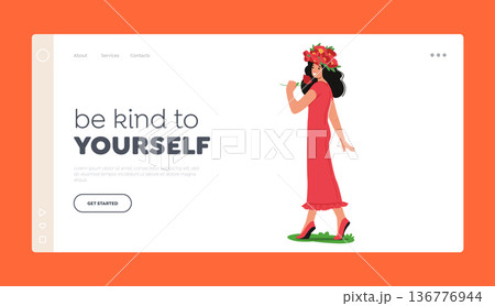 Beautiful Female Character Enjoying Summertime Landing Page Template. Young Girl Wearing Flower Crown and Red Long Dress 136776944