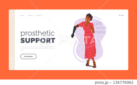Prosthetic Support Landing Page Template. Disabled Dancer Female Character. Woman Dances Gracefully With Prosthetic Hand 136776962
