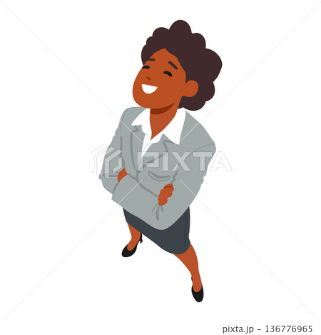 African American Female Character Looking Up Top View. Smiling Woman in Reflection, Lost In Thought, Stares Upwards 136776965