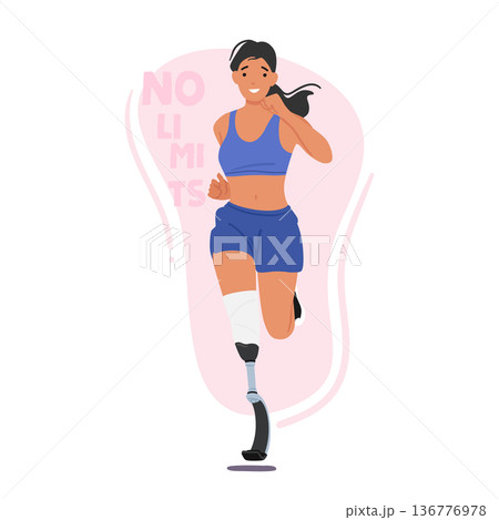 Athletic Woman With Leg Prosthesis Running Energetically On A Track With Determination And Skill, Defying Limits Athletic Woman With Leg Prosthesis Running Energetically On A Track With Determination And Skill, Defying Limits 136776978
