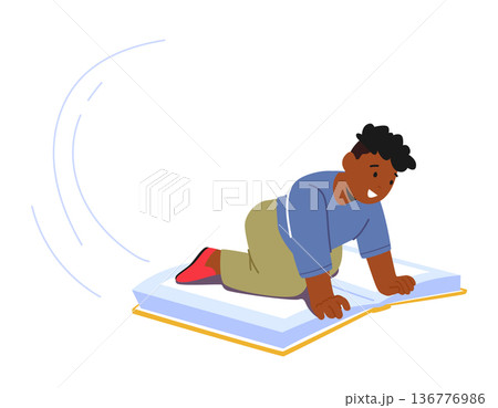 Kid Is Flying Atop A Huge Book Soaring Through The Air With A Look Of Wonder And Excitement On Face, Vector Illustration 136776986